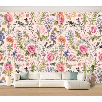 Papier peint adhésif peler et coller Lapins sans soudure floraux, papillons blancs, petit jardin, papier autocollant amovible, contact mural pour salon, chambre à coucher H 100 po x l 144 po