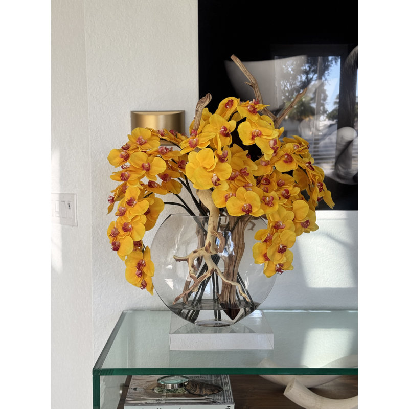 16" Glass Moon Vase With Light Brown Orchids And Driftwood, Yellow