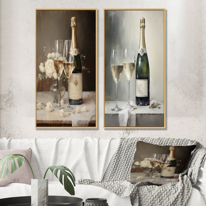 Legacys Lure Champagne and Glass - Champagne, ensemble de 2 reproductions d'art mural, Cadre flottant brun, H 32 po x l 33 po