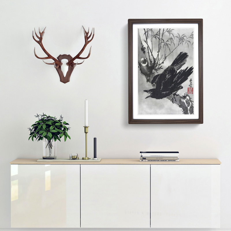 Crow on a Branch by Kawanabe Kyosai - Picture Frame Painting Print on MDF, 65cm H x 48cm W x 2cm D, Walnut Framed