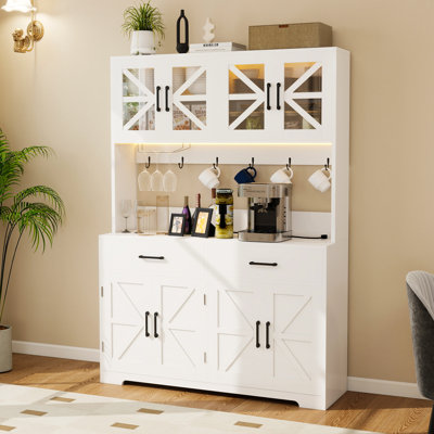 71" Tall Coffee Bar Hutch With Power Outlet - Kitchen Pantry Cabinet With Bluetooth RGB Lights & Door Storage Racks