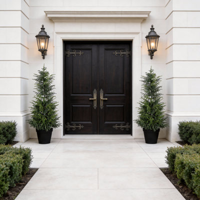 Artificial Real-Touch Potted Norfolk Pine Tree, Set of 2, 18 x 18 x 48 Inch, Plastic, 1 Set, Artificial Norfolk Pine Tree, Green, Set of two matching potted trees frames an entryway