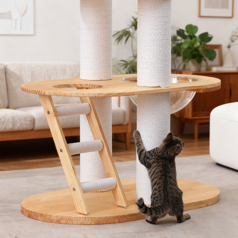 63.6" Modern Cat Tree for Large Cats with Cat Scratching Post, Solid Wood Tall Cat Tower Condo for Multi-Cat Families