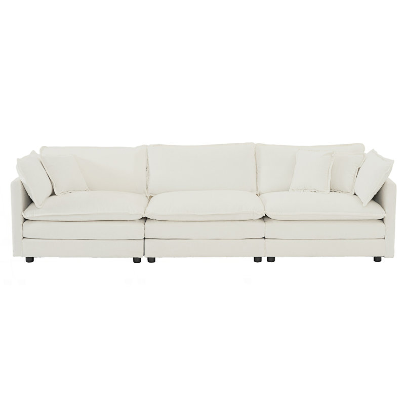 Mid-Century Modern Couch 3-Seater Sofa With 2 Armrest Pillows And 3 Toss Pillows, 3, White, 32.98"H x 146.47"W x 35.02"D