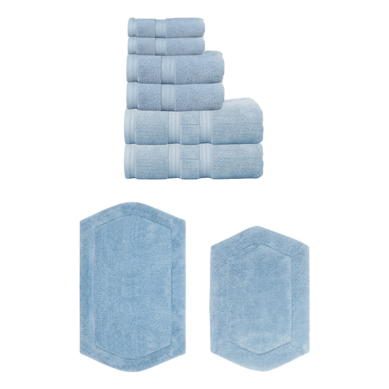 Bryd Collection 100% Soft Cotton 6 Pc Towel Set & 2 Pc Bath Rug Set, (Set of 8), Blue