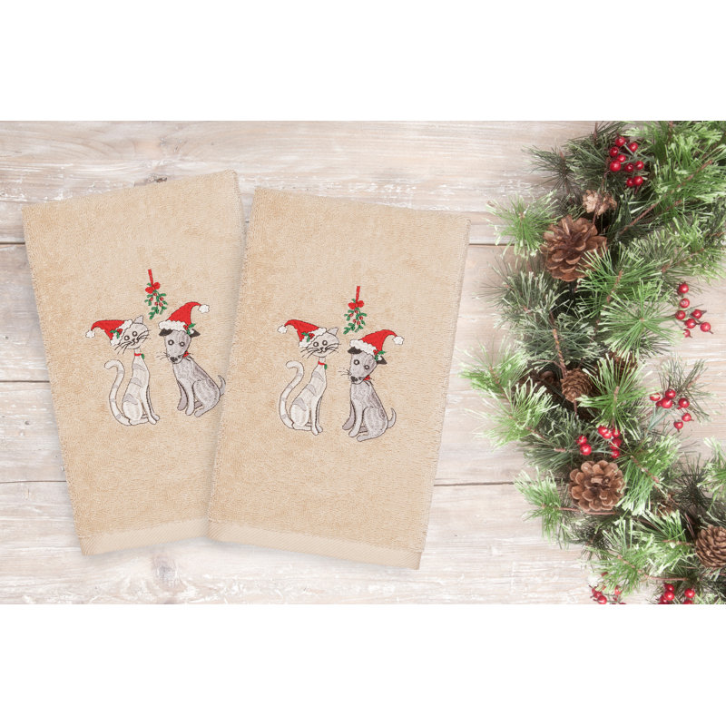 Christmas Cute Couple Embroidered Luxury Turkish Cotton Hand Towel, Sand
