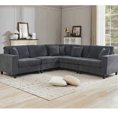 Oversized Gray Modular Sectional , L Shaped With Corduroy Upholstery, 5 Seat Deep Couch, Construction, High Sponge, Throw Pillows And 6 Back Cushions, Living Room Person In Gray, Upholstered Stable