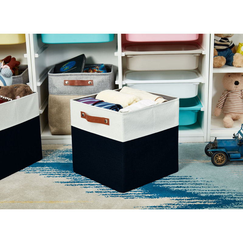 Foldable Storage Bin | Collapsible Sturdy Fabric Storage Basket Container W/Handles, 11" H x 11" W x 11" D, Grey/White