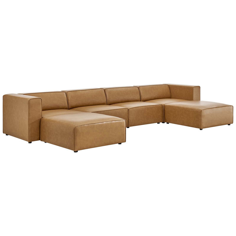 Mingle Vegan Leather 4-Piece Sofa and 2 Ottomans Set, Tan Faux Leather