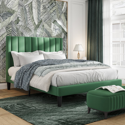 Modern Velvet Upholstered Platform Bed with Headboard, No Box Spring Needed