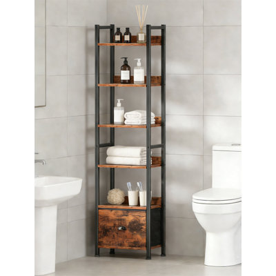 Rustic Brown 6 Tier Bookshelf With Drawer, Wood And Metal Storage Organizer