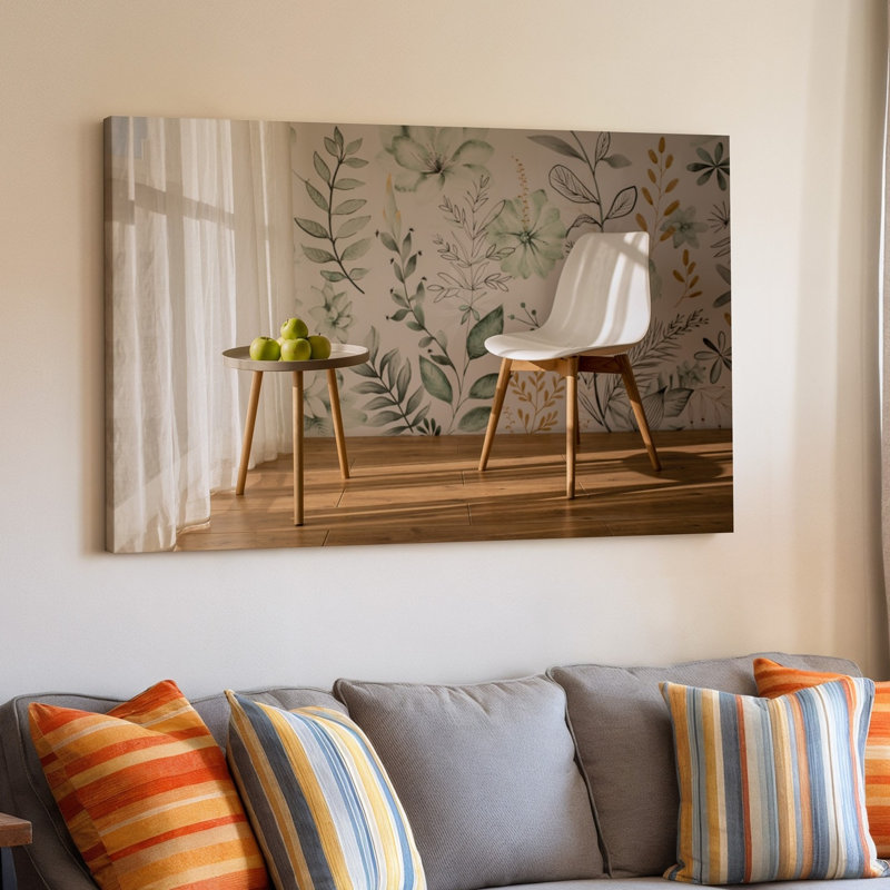 Toile d'une scène intérieure sereine avec une chaise blanche minimaliste avec art mural, pieds en bois placés à côté d'une petite table ronde, art mural sur toile