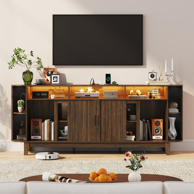 80'' TV Stand with LED Lights, Power Outlet, Fluted Sliding Doors & Storage