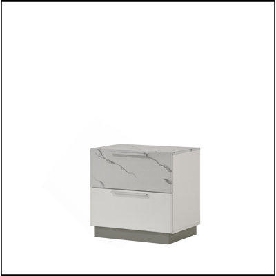 Table de chevet Mist - Finition bicolore très brillante en marbre et en laque avec deux tiroirs, intérieur doublé de velours et design élégant et compact