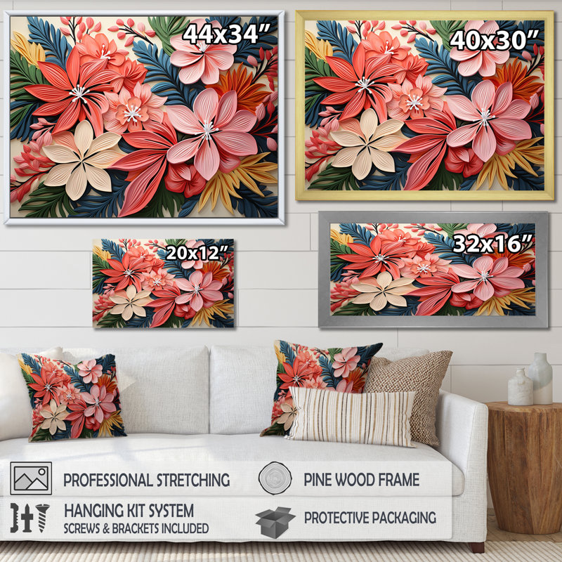 Motif de jungle tropicale rose floral IV - Art mural floral, Cadre d'angle fermé noir, H 24 po x l 32 po x P 1 po