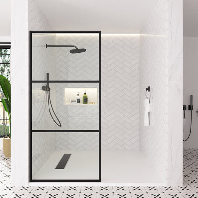 Nyssa 34 In. W X 72 In. H Framed Fixed Shower Screen Door In Matte Black With 5/16 In. (8Mm) Patterned Glass