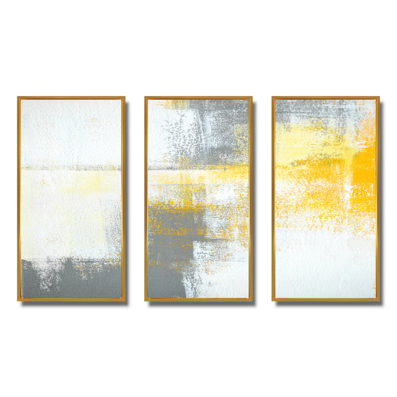 Gris et jaune bleu abstrait X - ensemble d'art moderne sur toile encadrée moderne de 3, H 28 po x l 36 po x P 1 po, Or