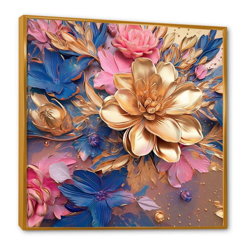 Reproduction sur toile pivoines roses et feuilles dorées I - Pivoines_105705, H 16 po x l 16 po x P 1 po, Cadre flottant doré