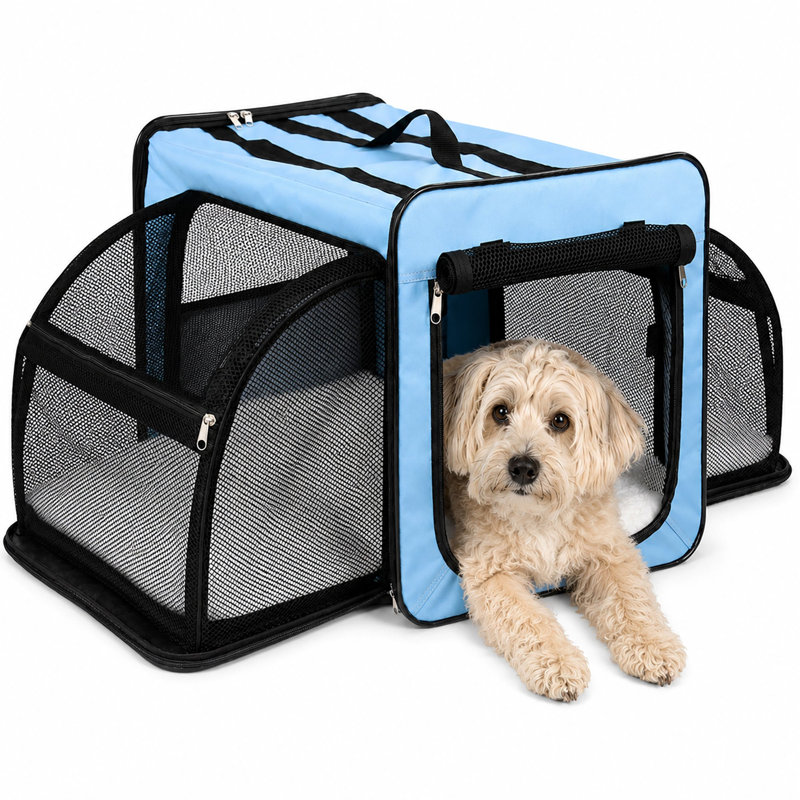 Cage de transport extensible et pliable pour chien, grande taille, bleue., Grand, Bleu