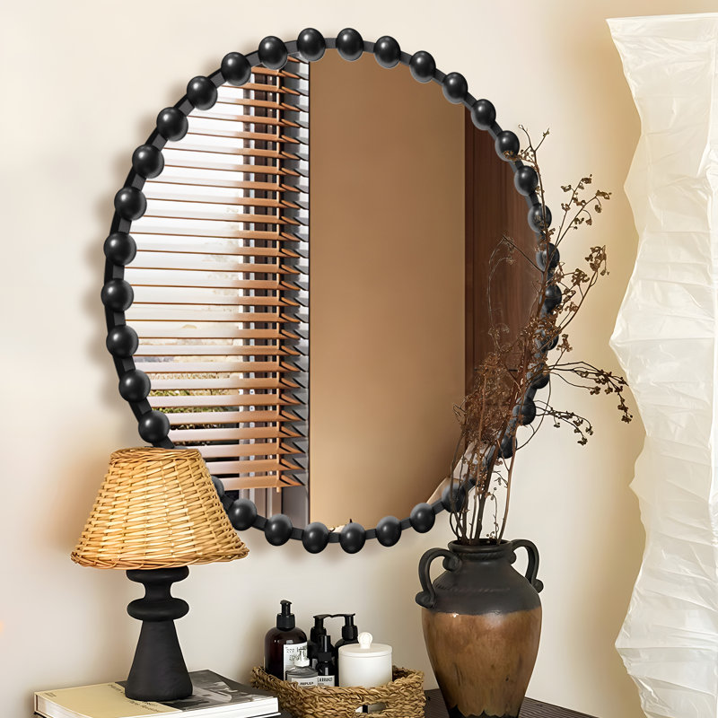 Miroir mural perlé à cadre métallique, miroir d'appoint circulaire en noir., 27 po x 27 po, Noir