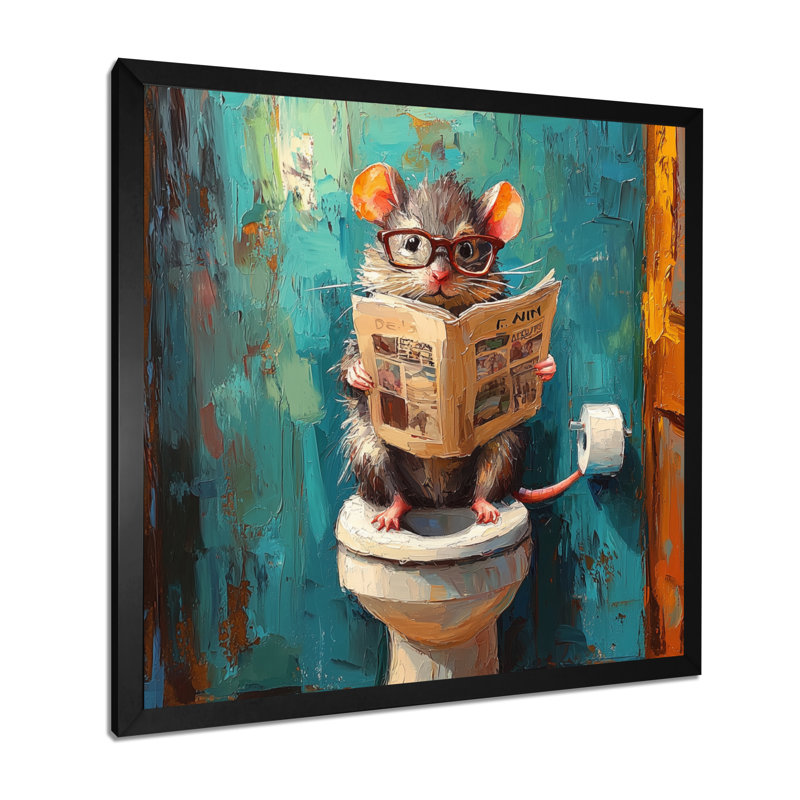 Kenajah souris avec lunettes dans la toilette I - souris, art mural sur toile, Reproduction encadrée d'une seule photo, Noir