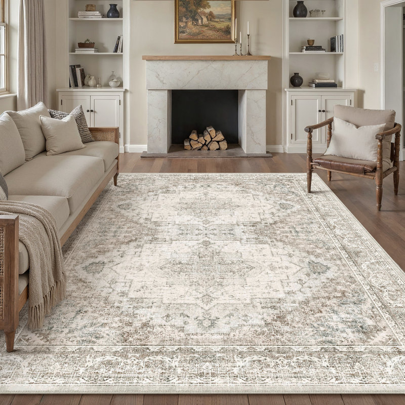 Elaine Machine Washable Vintage Area Rug With Non-Slip Backing, Brown, 0.28", Rectangle 10' x 12'