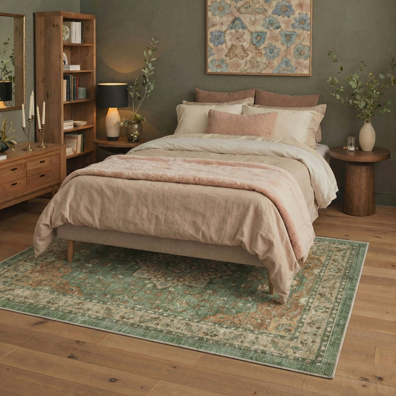 Roehit Safran Floral Machine Washable Green/Orange/Brown Indoor Oriental Performance Area Rug with Non-Slip Backing