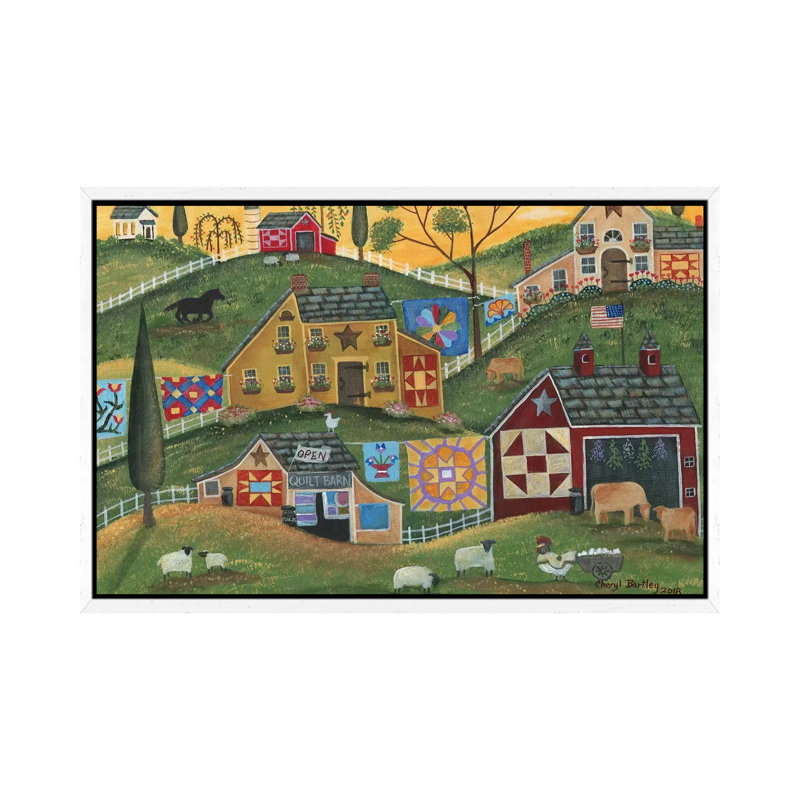 Country Quilt Barn by Cheryl Bartley - Painting on Canvas, 66.04cm H x 101.6cm W x 3.81cm D, White Framed