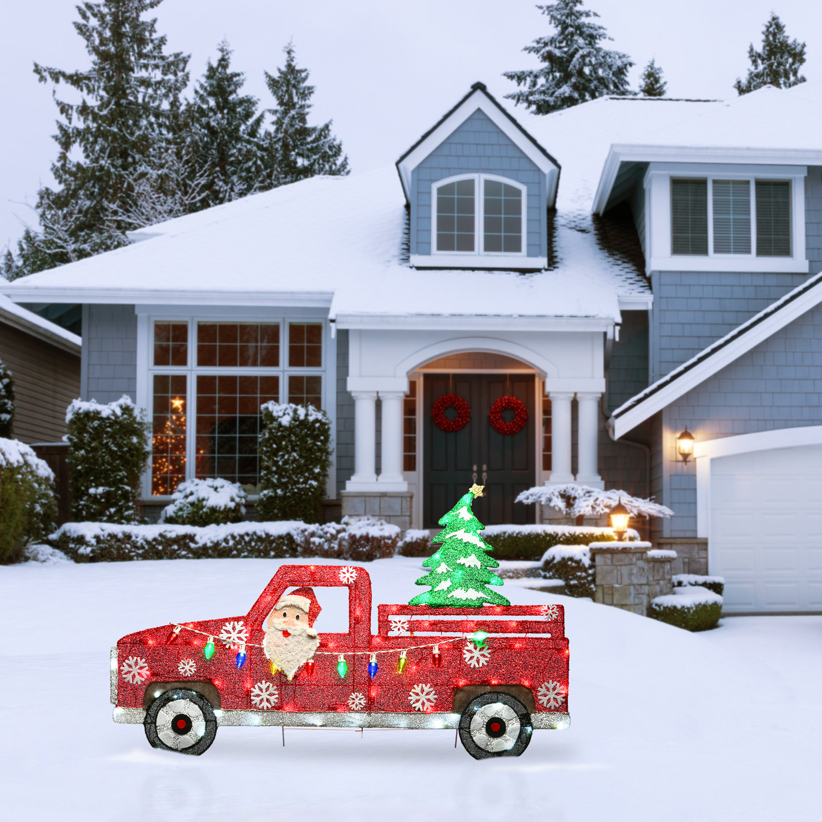 27 in. Santa in Red Pickup Truck with LED Lights