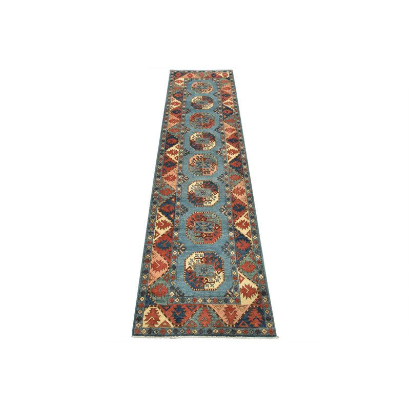 Tapis de style tribal bleu en laine noué à la main 2 pi 9 po x 9 pi 6 po Kazak