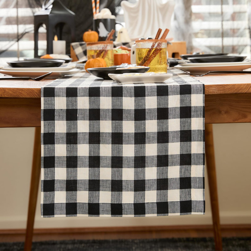 Morgan Check - 100% Pure Linen Table Runner, 36" x 14", Black/Cream