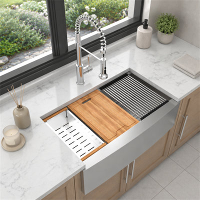 Station de travail 30 Farmhouse - Évier de cuisine 30 po en acier inoxydable à tablier frontal de calibre 16