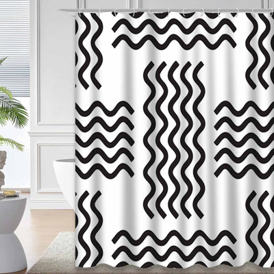 Waterproof Modern River Line Monochrome Wave Shower Curtain with 12 Hooks
