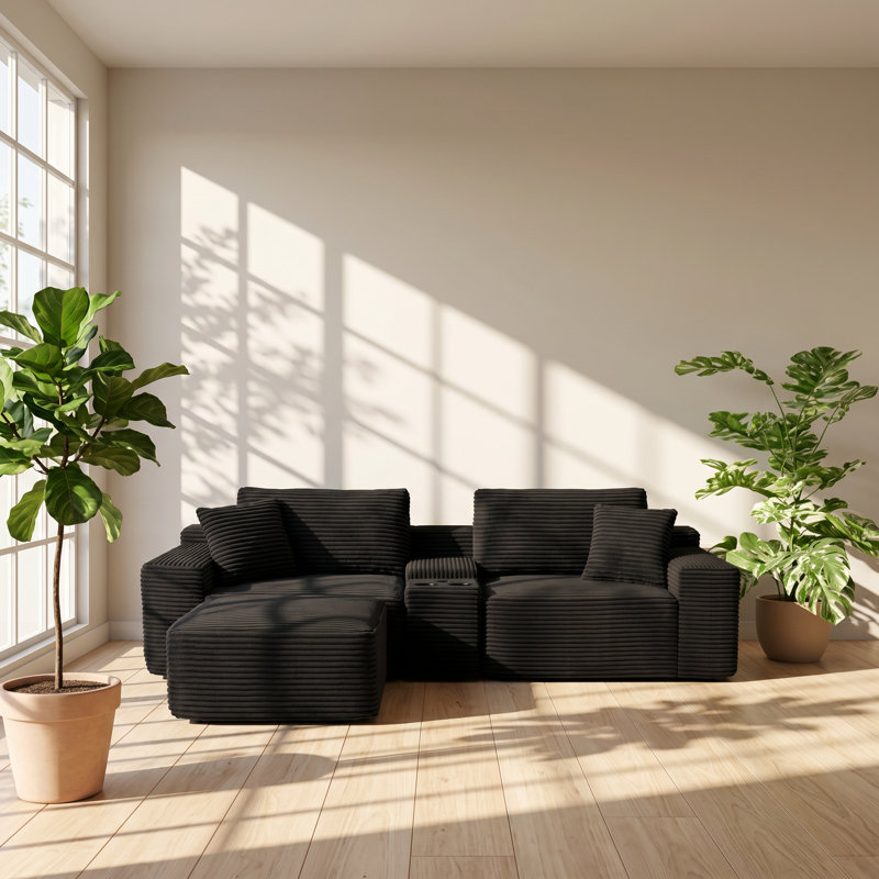 Canapé modulaire en velours côtelé 4 pièces l 111 po x P 63,41 po x H 35,4 po Everleigh, Black Corduroy