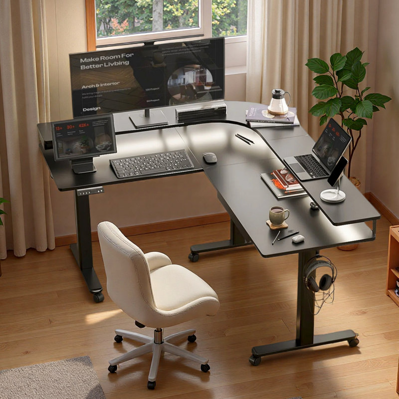 63" L Shaped Standing Desk with Drawers, Power Outlet and LED Lights, Height Adjustable, Black