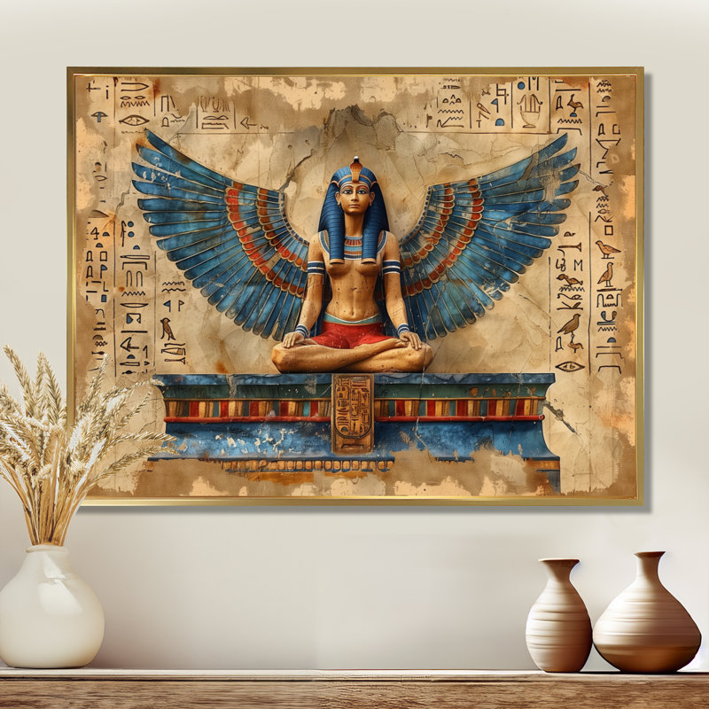 Bleu et beige déesse égyptienne I - Égypte, art mural, H 30 po x l 40 po x P 1,5 po, Toile avec cadre flottant or