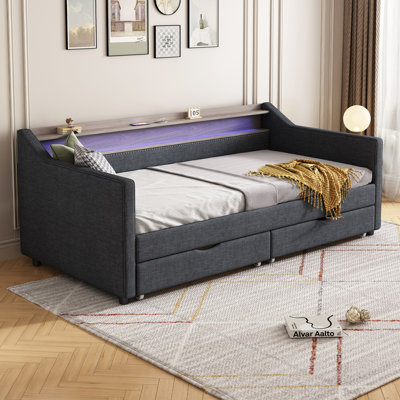 Lit de jour avec 2 tiroirs de rangement et tablette à 2 niveaux et port USB / Type-C, structure de lit de jour rembourrée en lin moderne avec lumière DEL intelligente pour le salon, appartement