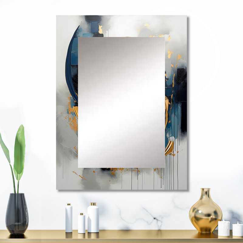Tourbillon abstrait doré bleu de sérénité V - miroir mural unique fractal, miroir doré, impression sur métal, 32 po x 24 po