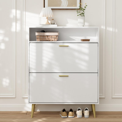 Modern 12 Pair Shoe Storage with 2 Flip Down Drawers,White Shoe Cabinet