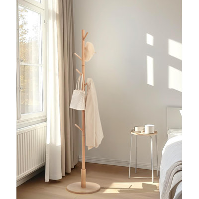 Portemanteau autoportant en bois massif avec 9 crochets, 3 réglables en hauteur