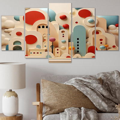 Minimal Abastract Red Full Moon Cityscape - Abstract Landscape Canvas Art Print - 5 Panels