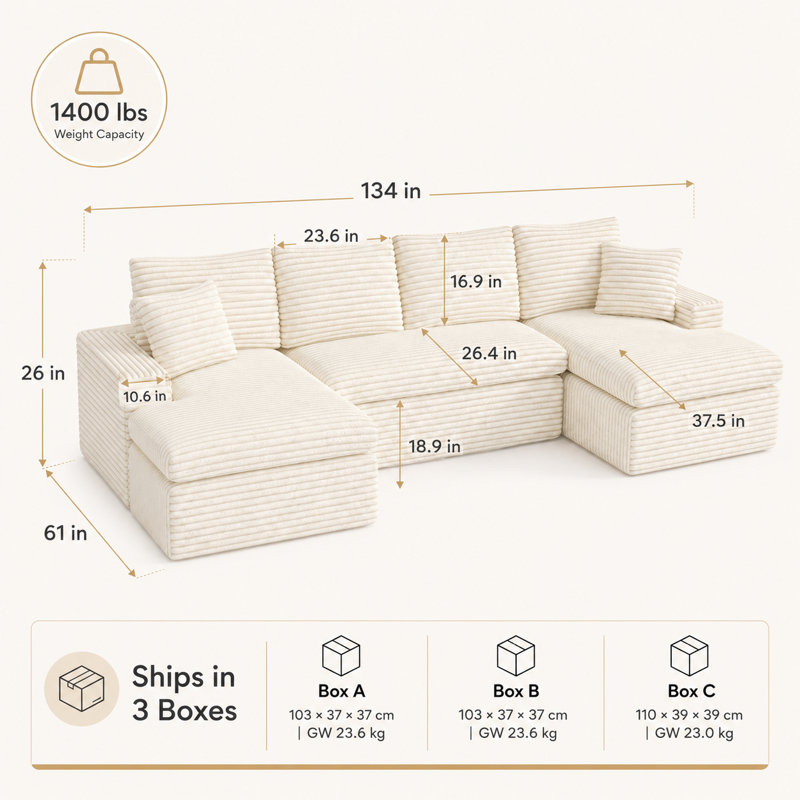 Canapé modulaire en velours côtelé de 134 po de large avec méridienne double et sièges profonds