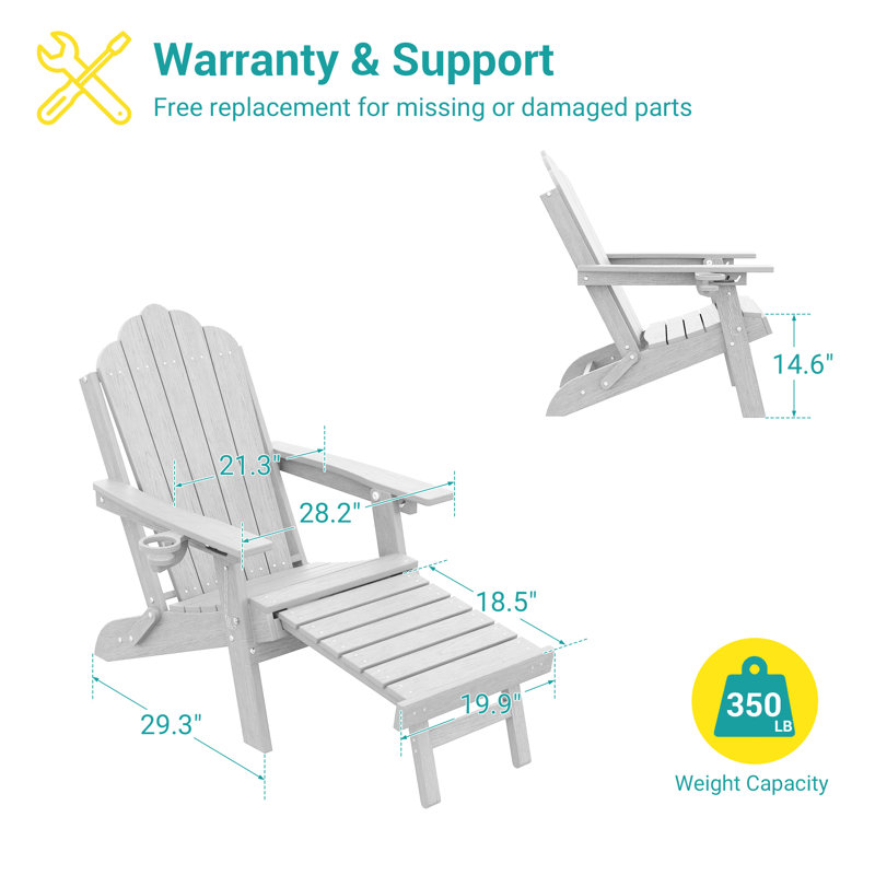 Folding Adirondack Chair with Retractable Ottoman and Cup Holder, Outdoor HDPE Lounge Chair, White