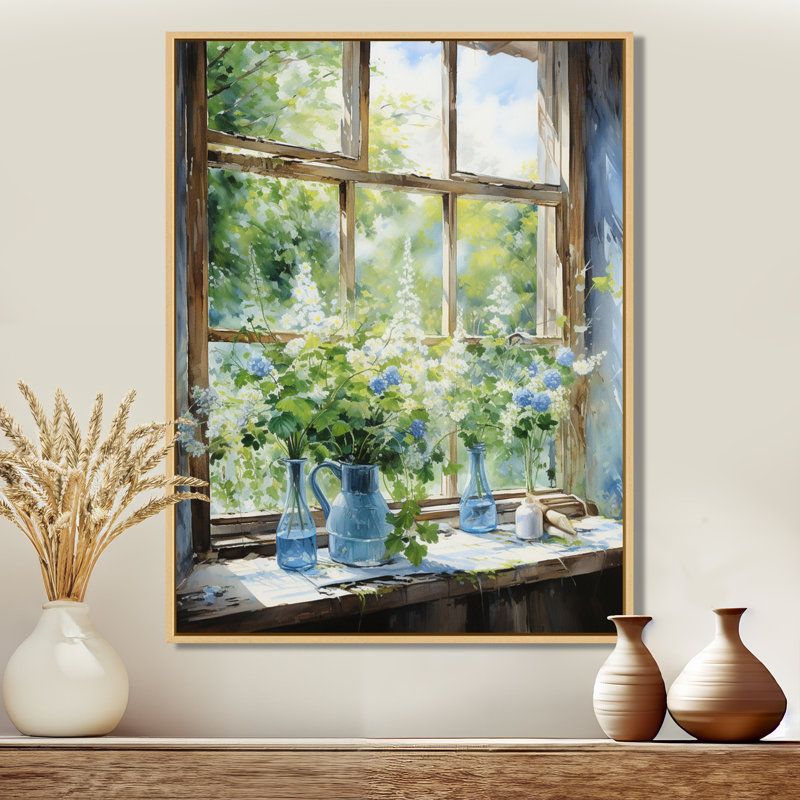 Décoration murale fenêtre verte et bleue campagne de charme III - Fenêtres de ferme, Cadre flottant brun, 20" H x 12" W
