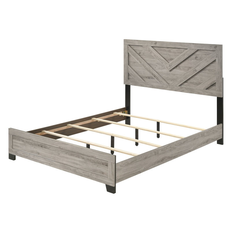 Grand lit gris avec configuration à 4 et 4 pieds, bois naturel, matelas de 8 po recommandé, capacité de charge de 220 lb