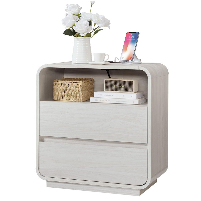 25" Nightstand, Charging Station, 2 Drawers, Curved, White