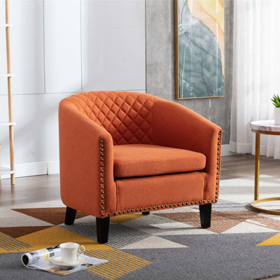 Fauteuil demi-tonneau Club avec accoudoirs rembourrés et garniture cloutée - revêtu de lin, pieds en bois massif, capacité de poids de 250 lb - orange / bleu marine (29,1 po x 25,1 po x 29,47 po)
