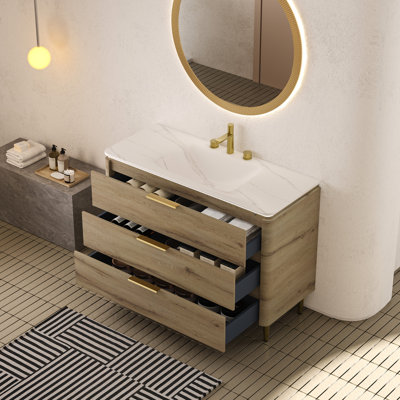 Meuble-lavabo de 48 po de profondeur avec rangement en contreplaqué autoportant, lavabo en pierre frittée blanche, 3 tiroirs, chêne, mécanisme de fermeture en douceur avec armoire à tiroirs de 48 po, lavabo intégré, finition, DEL