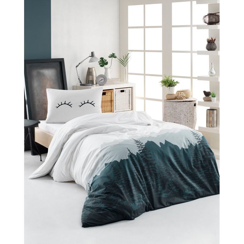 Ensemble de housse de couette 100% coton Boutwell - vert / blanc / gris, Housse de couette 61 po x 87 po + 1 taie d'oreille