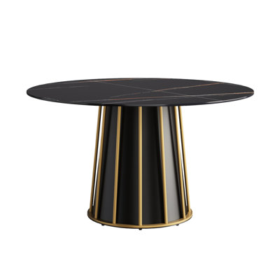 53.68" Dining Table With Round Sintered Stone Top - 6 Seater, Black Metal Iron Base, , To High Temperatures & Scratches, Easy Clean 30.04"h Base Seats 6, Water Damage,